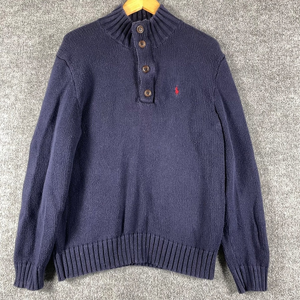 Polo Ralph Lauren Sweater Mens L Navy Blue Mock Neck Button Zip Henley Cotton